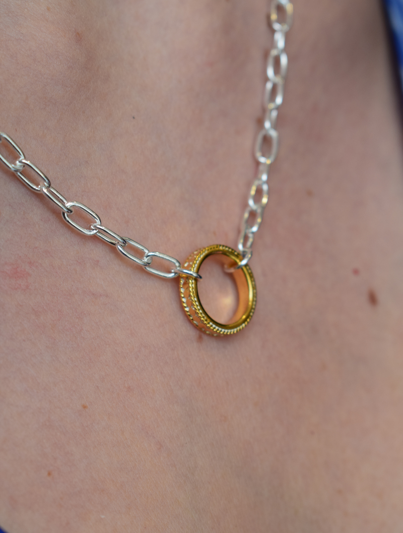 Silver chain necklace with gold hammered circle charm 