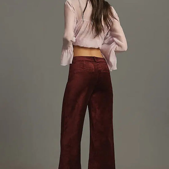 burgundy velvet wide leg cropped jeans rear view