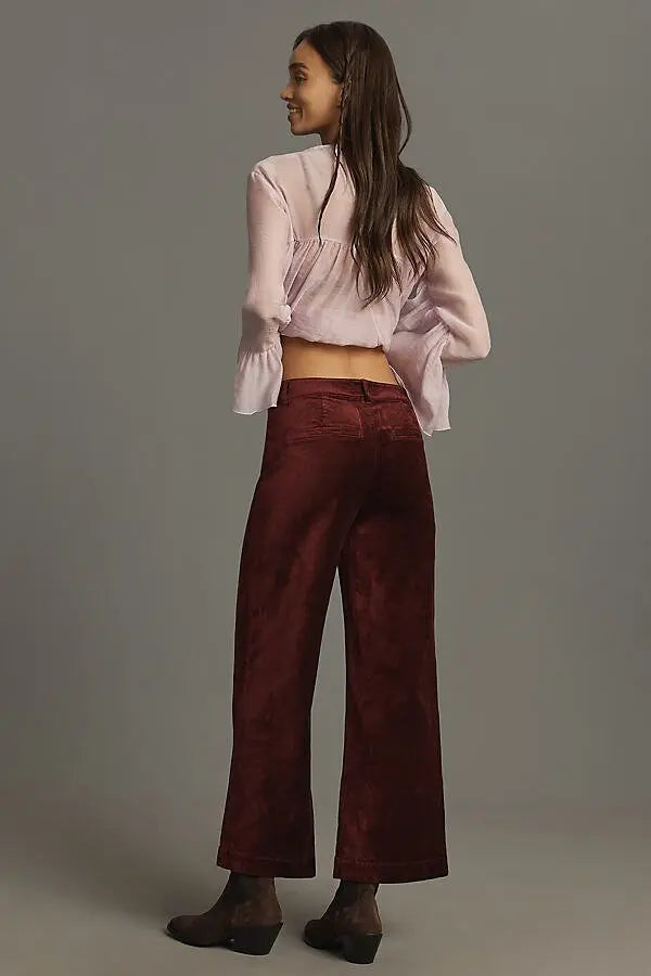 burgundy velvet wide leg cropped jeans rear view