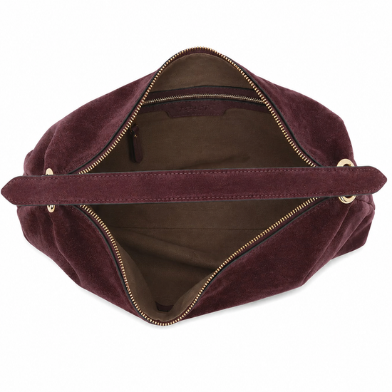 A dark brown suede hobo shoulder bag with a single leather strap and gold-tone hardware, shown against a plain white background.