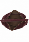 A dark brown suede hobo shoulder bag with a single leather strap and gold-tone hardware, shown against a plain white background.