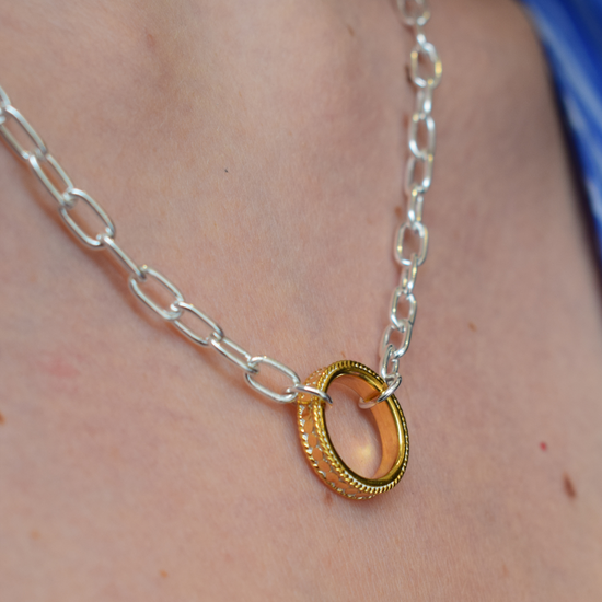 Silver chain necklace with gold hammered circle charm 