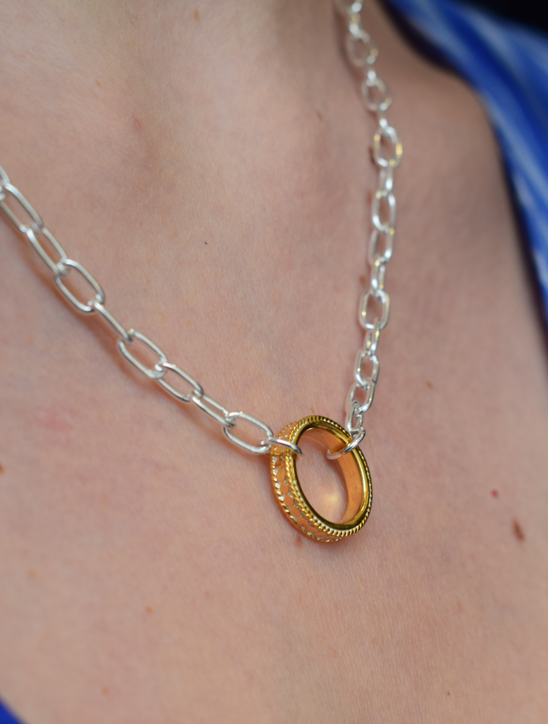 Silver chain necklace with gold hammered circle charm 