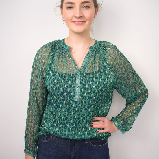 Green and gold thread animal print sheer top with grandad collar and half placket