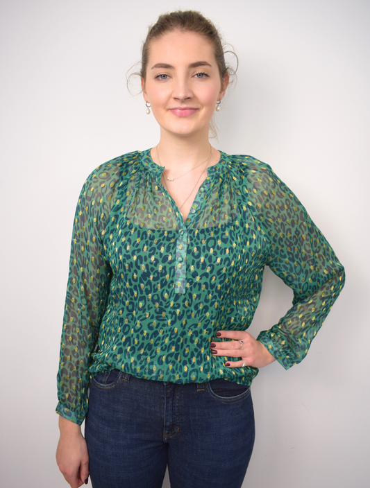 Green and gold thread animal print sheer top with grandad collar and half placket