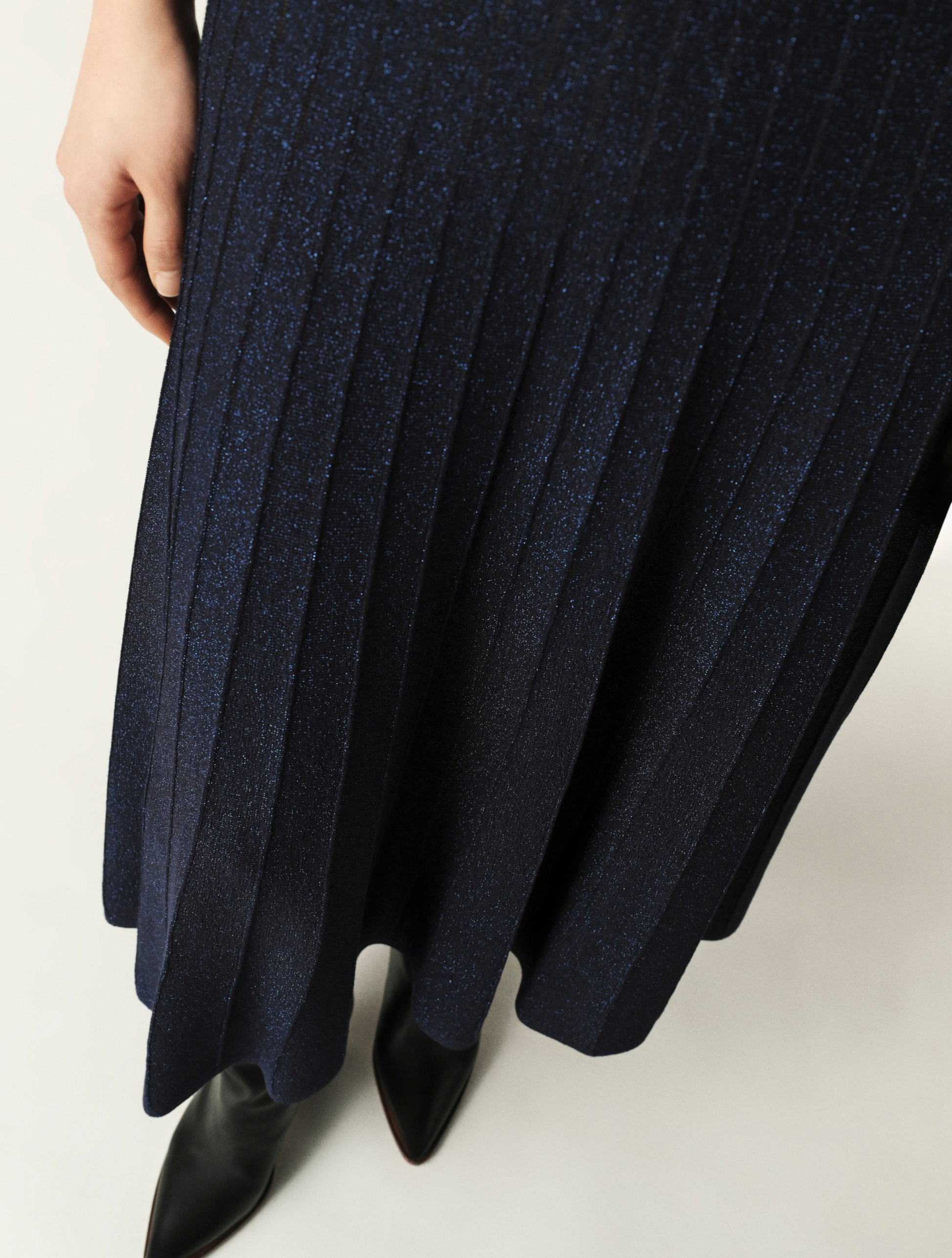 Navy ribbed A line shimmer midi skirt