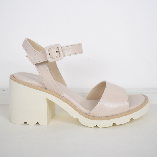 nude sandals with a white block heel 