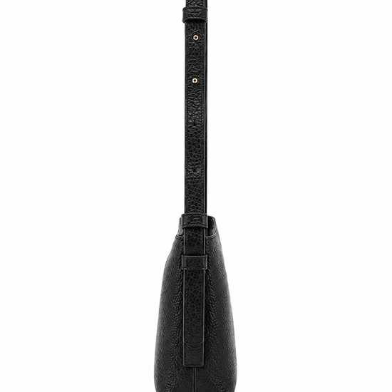 Black cowhide leather small bag on a long strap