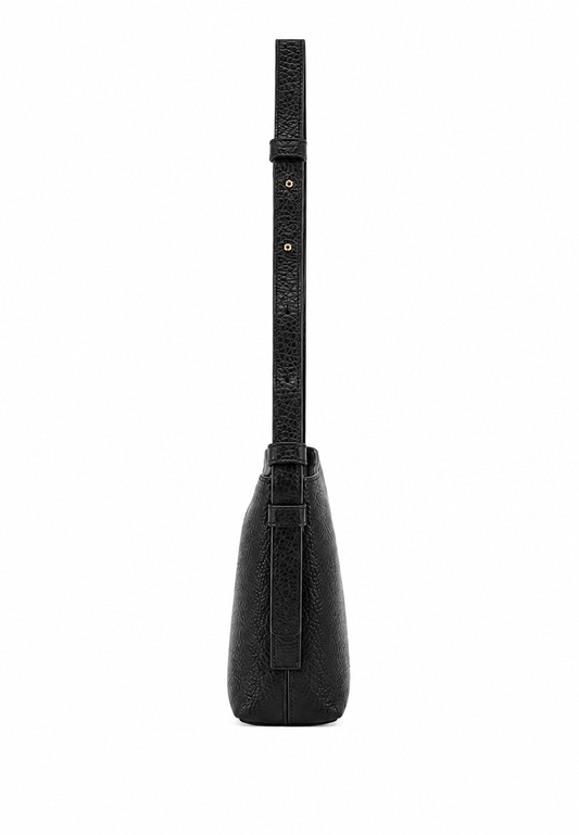 Black cowhide leather small bag on a long strap