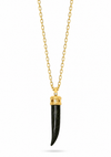 A gold chain necklace featuring a pendant shaped like a dark green polished animal claw or fang, capped with a gold collar, shown against a plain white background.