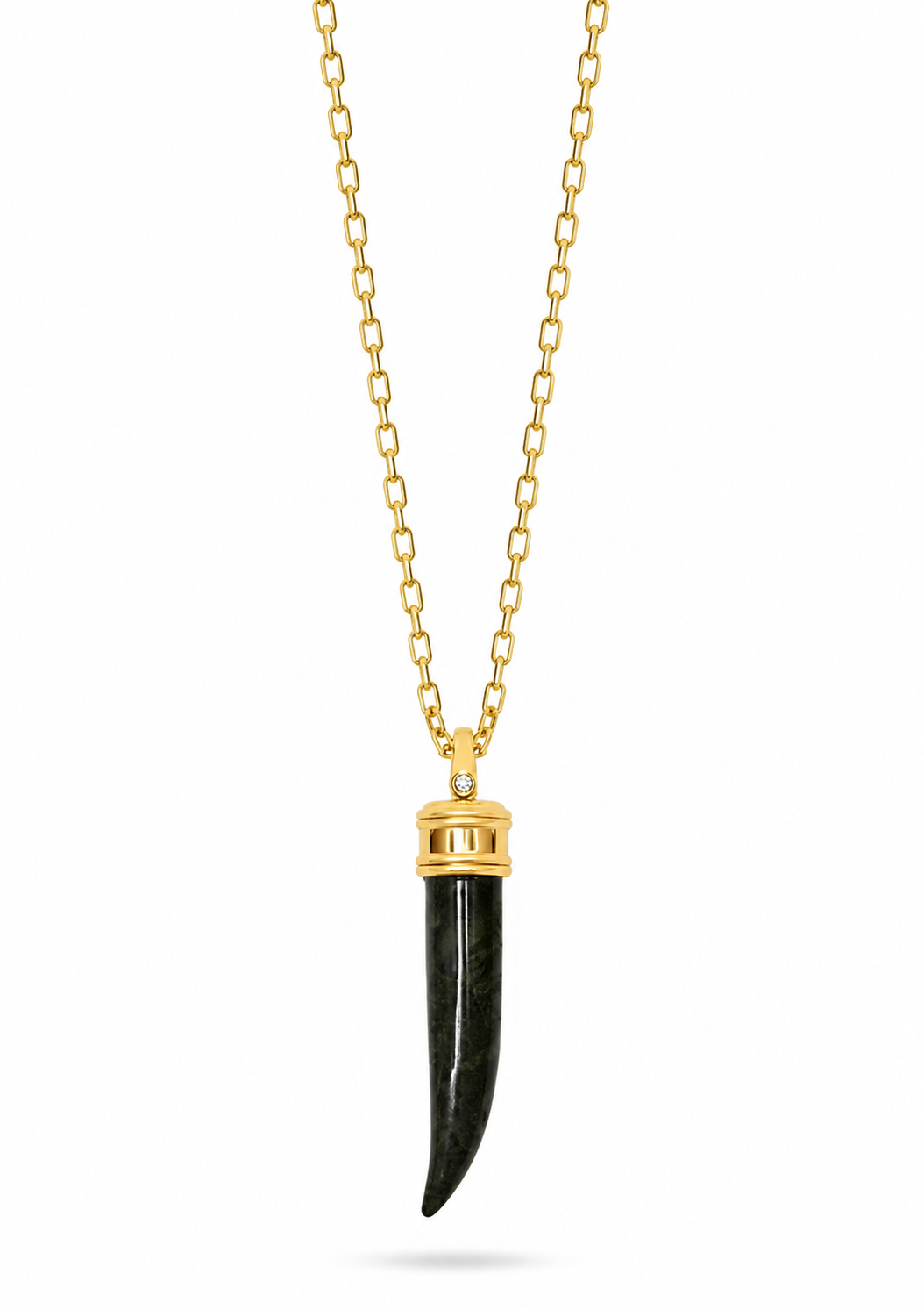A gold chain necklace featuring a pendant shaped like a dark green polished animal claw or fang, capped with a gold collar, shown against a plain white background.
