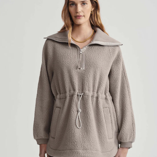 taupe long fleece with side pockets and drawstring waist