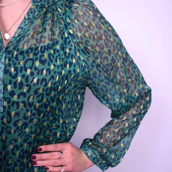 Green and gold thread animal print sheer top with grandad collar and half placket