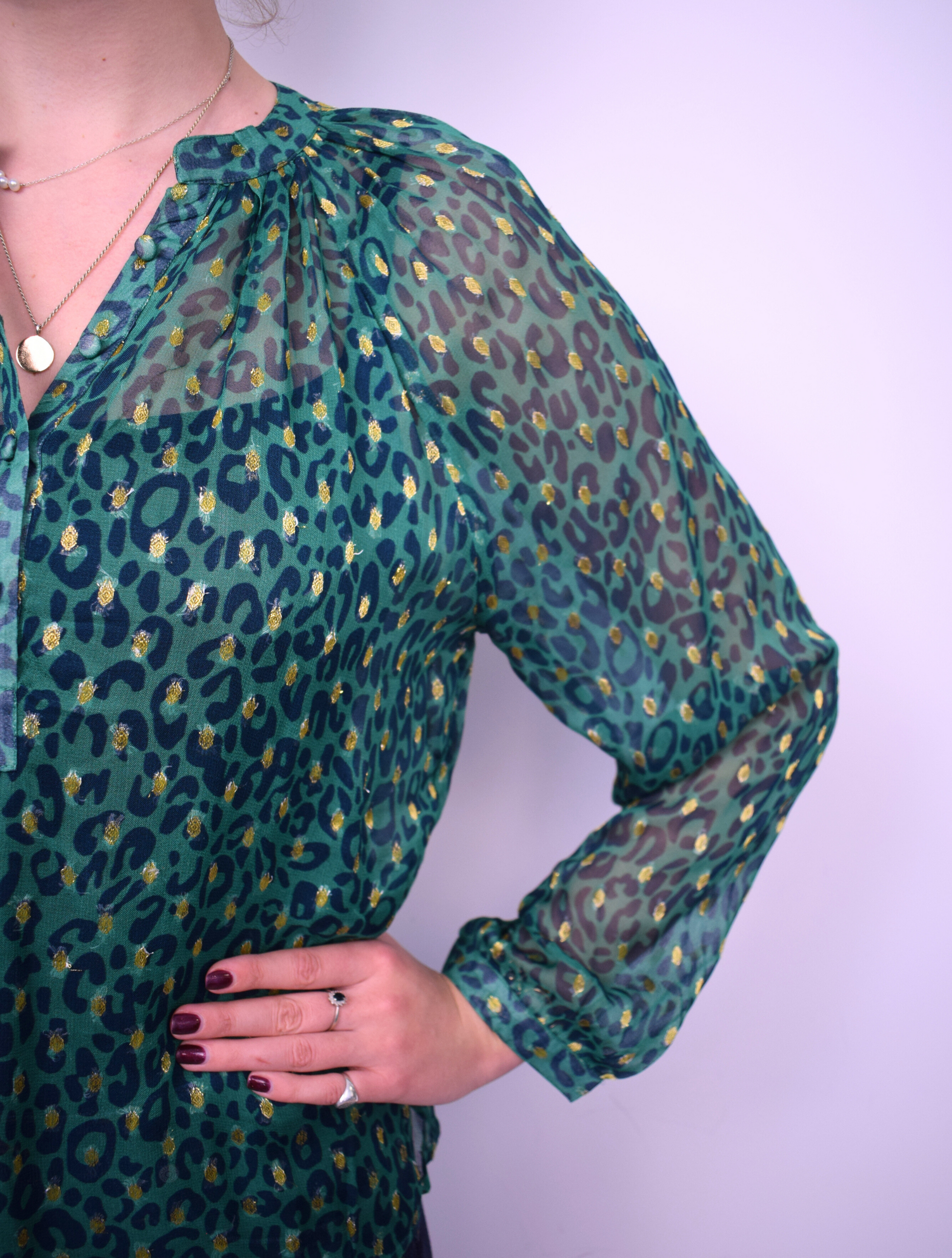 Green and gold thread animal print sheer top with grandad collar and half placket