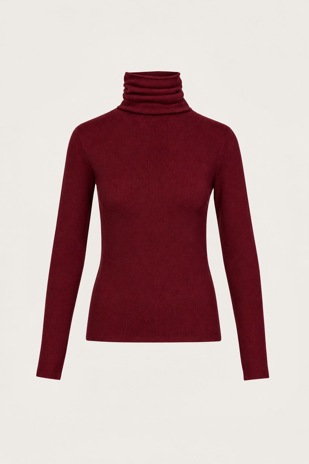 A dark burgundy ribbed knit turtleneck sweater displayed on a ghost mannequin against a light off-white background.