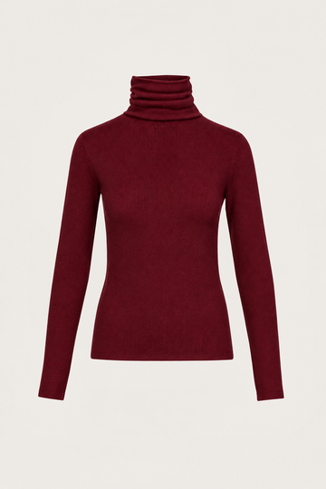 A dark burgundy ribbed knit turtleneck sweater displayed on a ghost mannequin against a light off-white background.