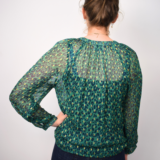 Green and gold thread animal print sheer top with grandad collar and half placket