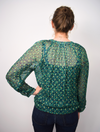 Green and gold thread animal print sheer top with grandad collar and half placket