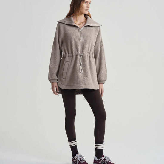 taupe long fleece with side pockets and drawstring waist mode shot