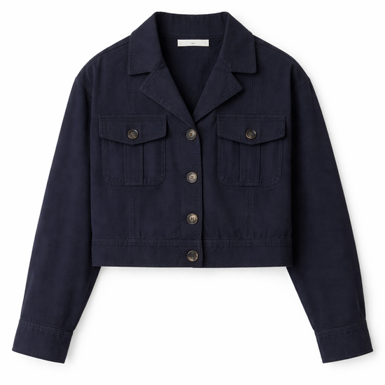 Womens Navy blue crop jacket with button details on a white background