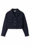 Womens Navy blue crop jacket with button details on a white background