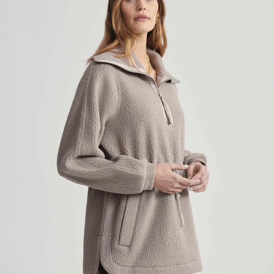 taupe long fleece with side pockets and drawstring waist side view 