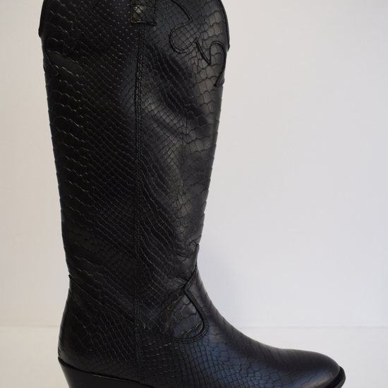 Mid calf mock croc leather western cowboy boot black