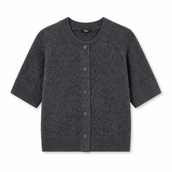 A dark gray short-sleeve knit cardigan sweater with a button-up front, displayed flat against a plain white background.
