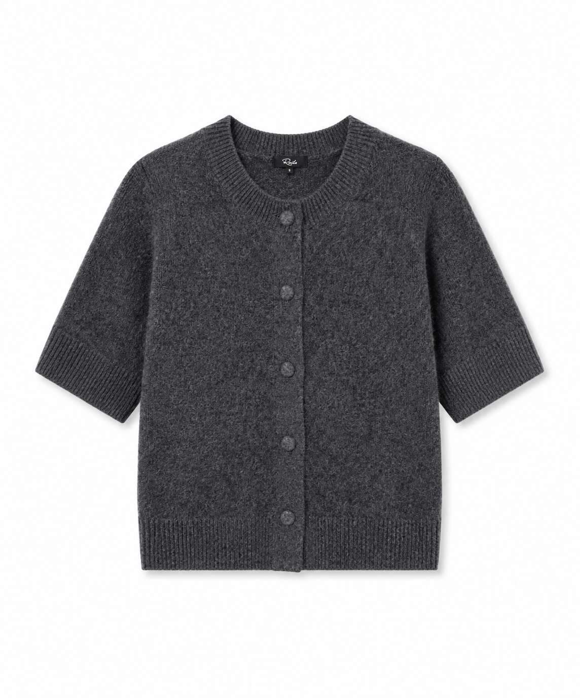 A dark gray short-sleeve knit cardigan sweater with a button-up front, displayed flat against a plain white background.
