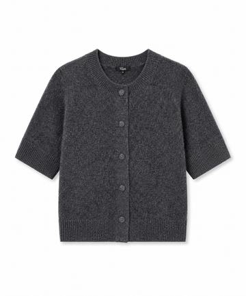 A dark gray short-sleeve knit cardigan sweater with a button-up front, displayed flat against a plain white background.