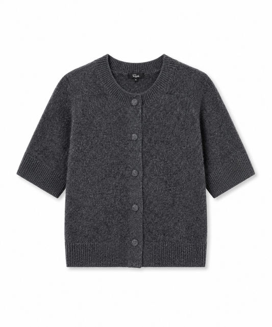 A dark gray short-sleeve knit cardigan sweater with a button-up front, displayed flat against a plain white background.