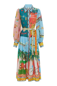 shirtdress with colourful print and self tie belt