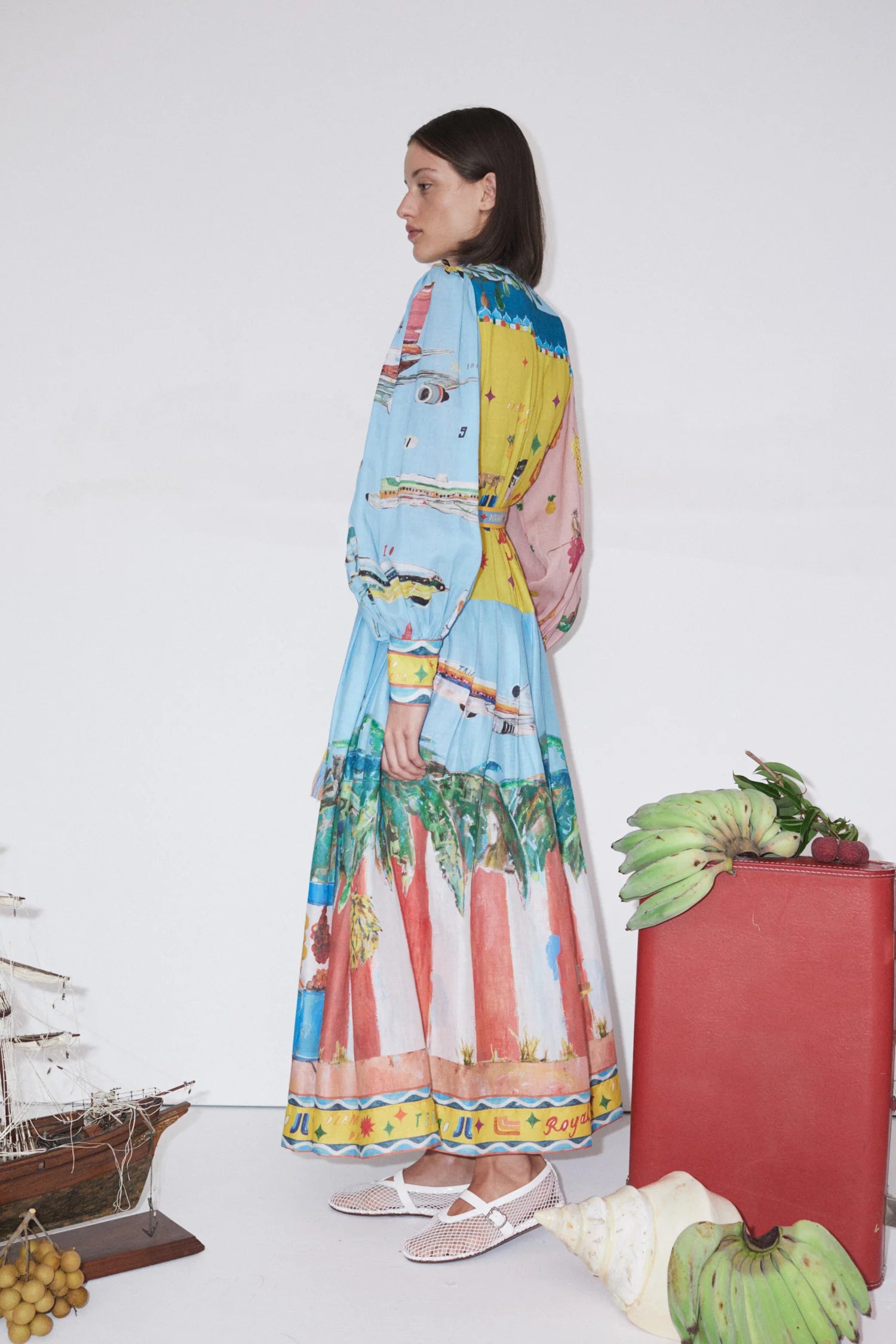 shirtdress with colourful print and self tie belt rear view