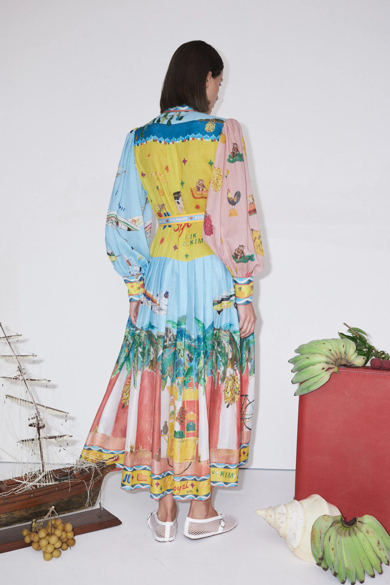 shirtdress with colourful print and self tie belt rear view