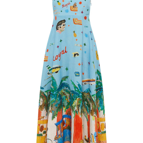 blue midi sundress with holiday print and spaghetti straps