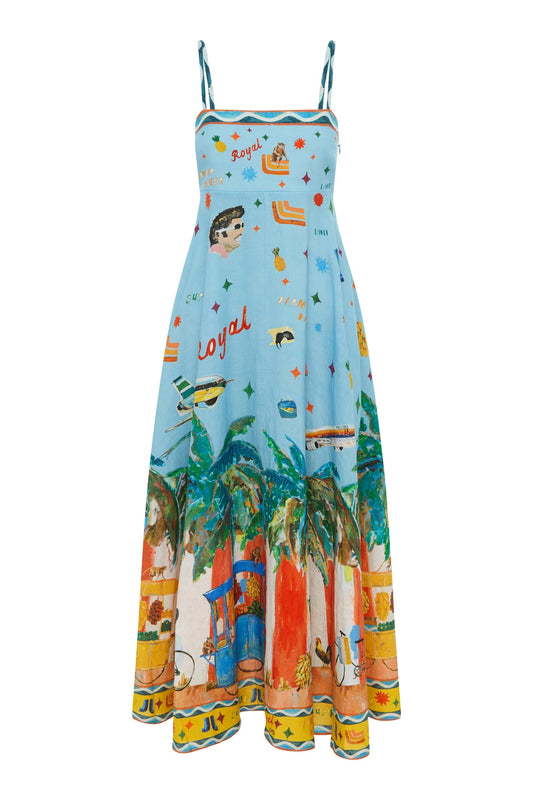 blue midi sundress with holiday print and spaghetti straps