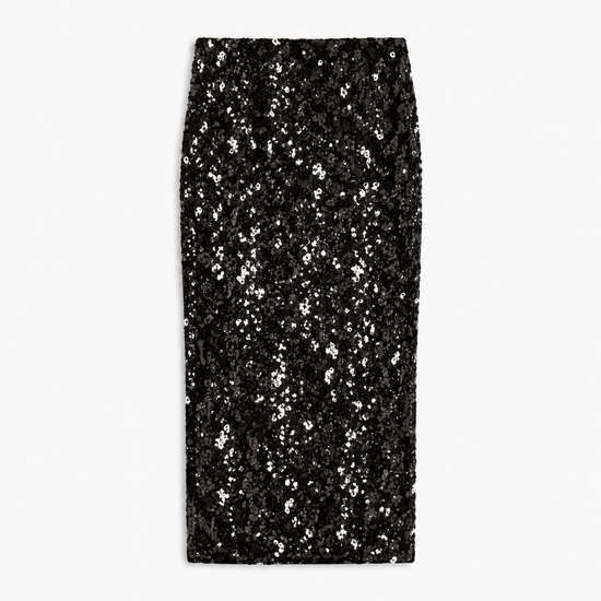 A black sequined pencil skirt with a subtle shimmering silver effect, shown flat against a light gray background.