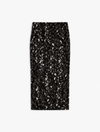 A black sequined pencil skirt with a subtle shimmering silver effect, shown flat against a light gray background.