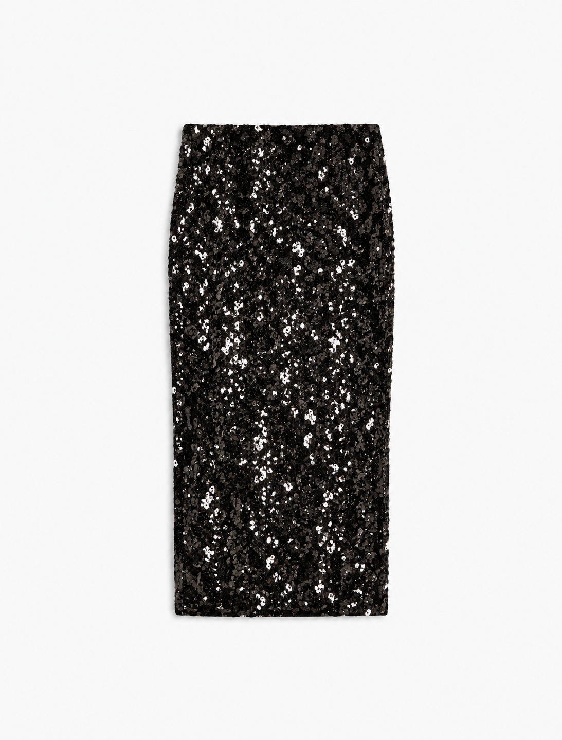 A black sequined pencil skirt with a subtle shimmering silver effect, shown flat against a light gray background.