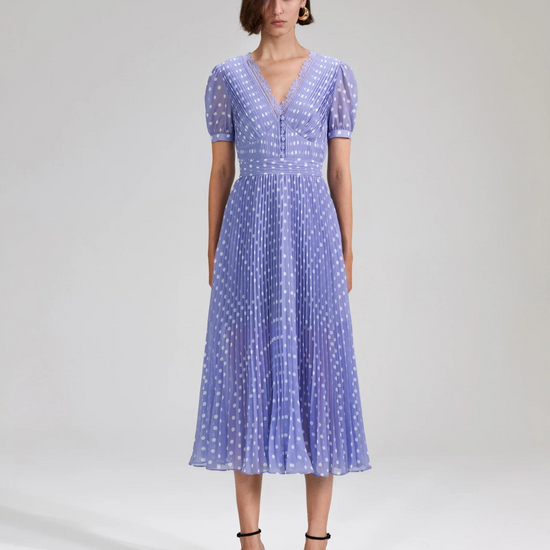 Lilac and white polka-dot V neck midi dress with pleated details throughout and short sleeves