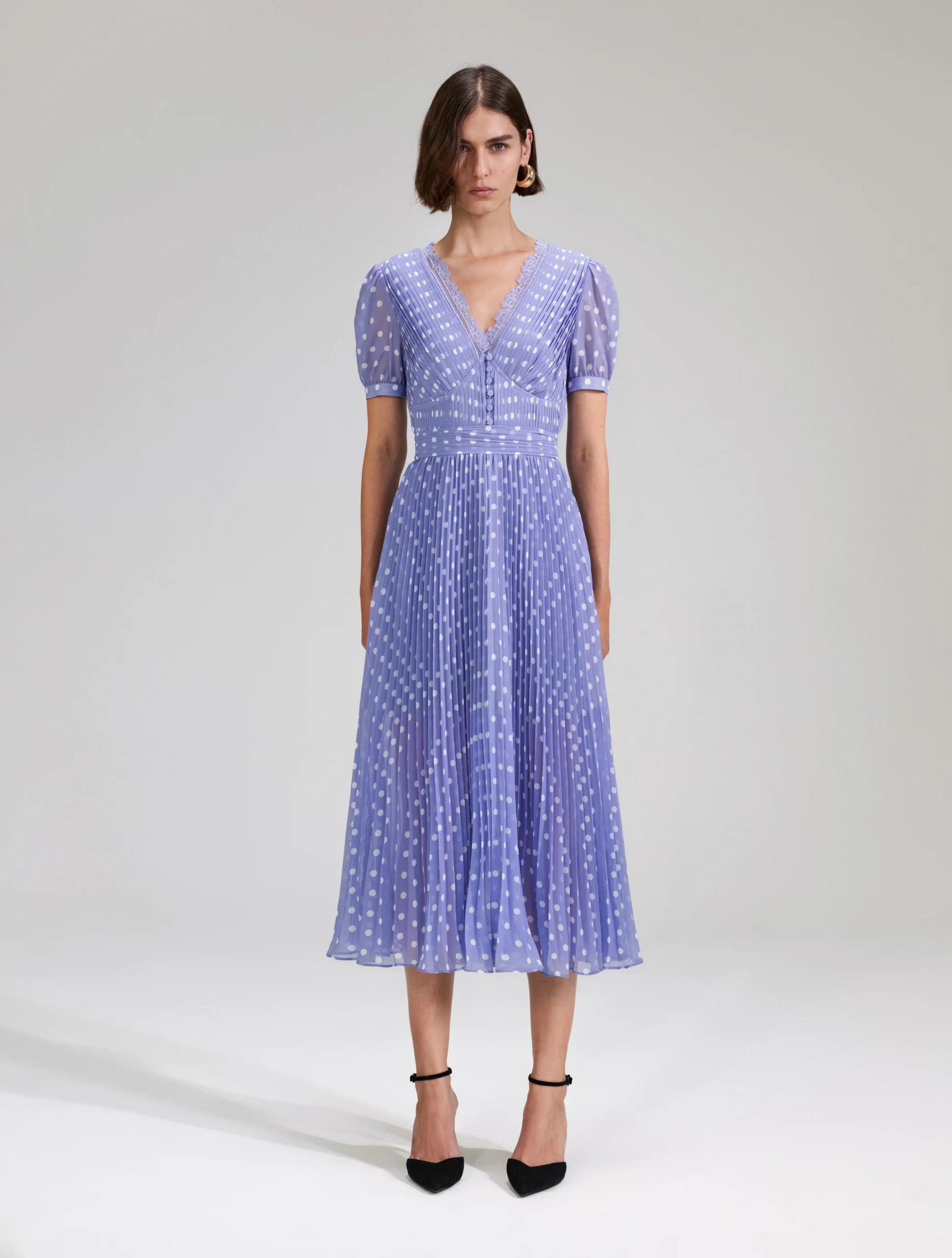 Lilac and white polka-dot V neck midi dress with pleated details throughout and short sleeves