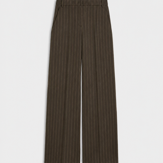 dark brown pinstripe trousers as a flat lay on a white background 