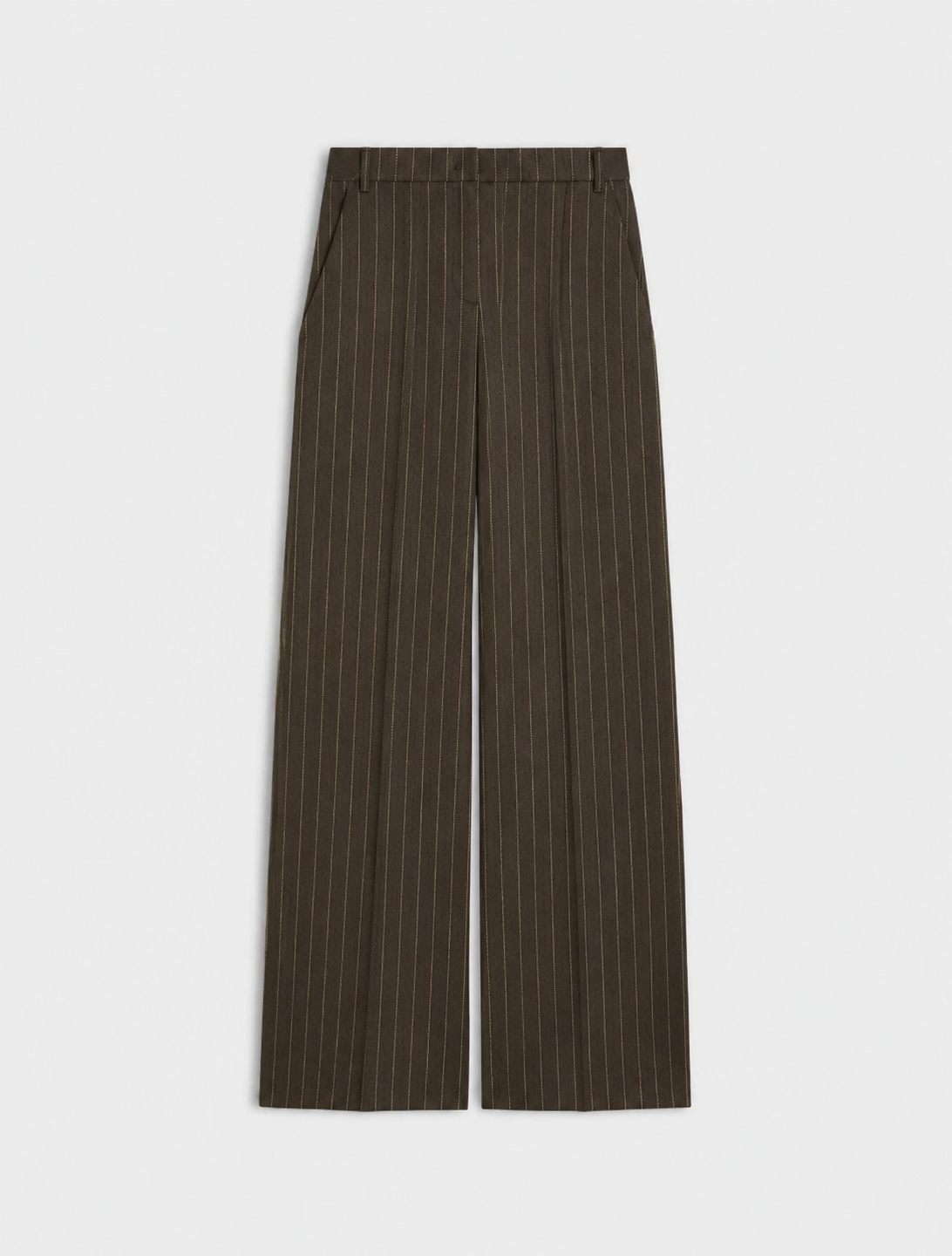 dark brown pinstripe trousers as a flat lay on a white background 