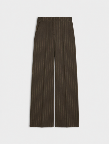 dark brown pinstripe trousers as a flat lay on a white background 