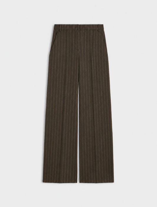 dark brown pinstripe trousers as a flat lay on a white background 