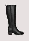 A single black leather knee-high boot with a low block heel and side zipper, shown in profile against a light gray background.