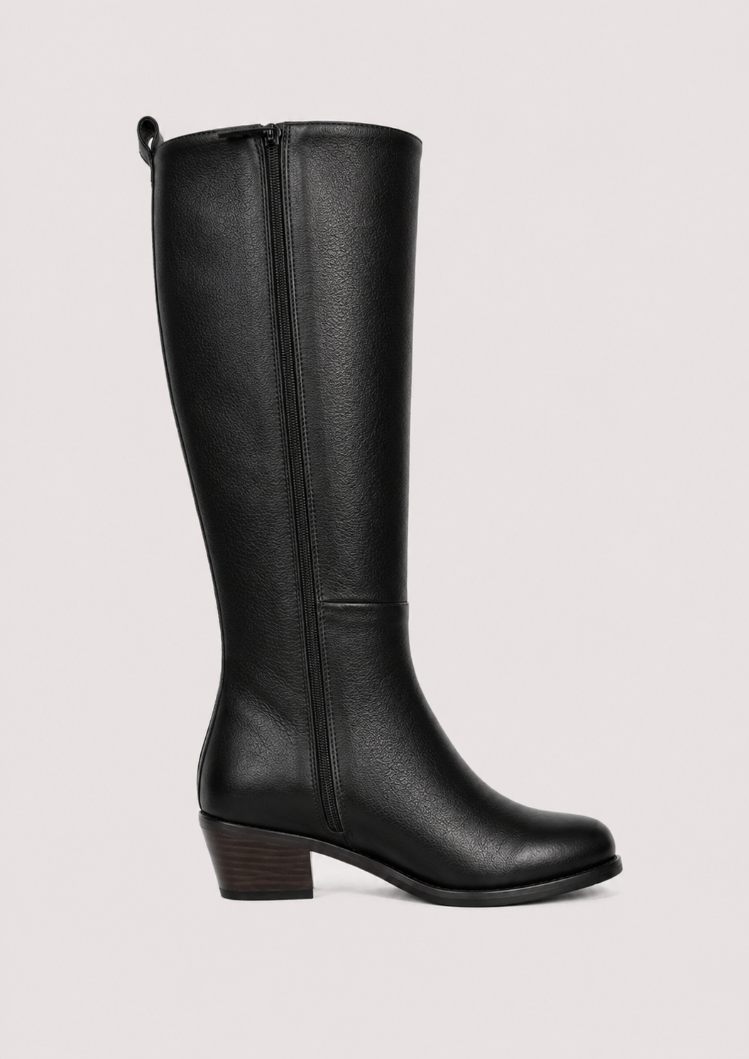 A single black leather knee-high boot with a low block heel and side zipper, shown in profile against a light gray background.
