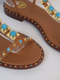Tan sandals with blue stones 