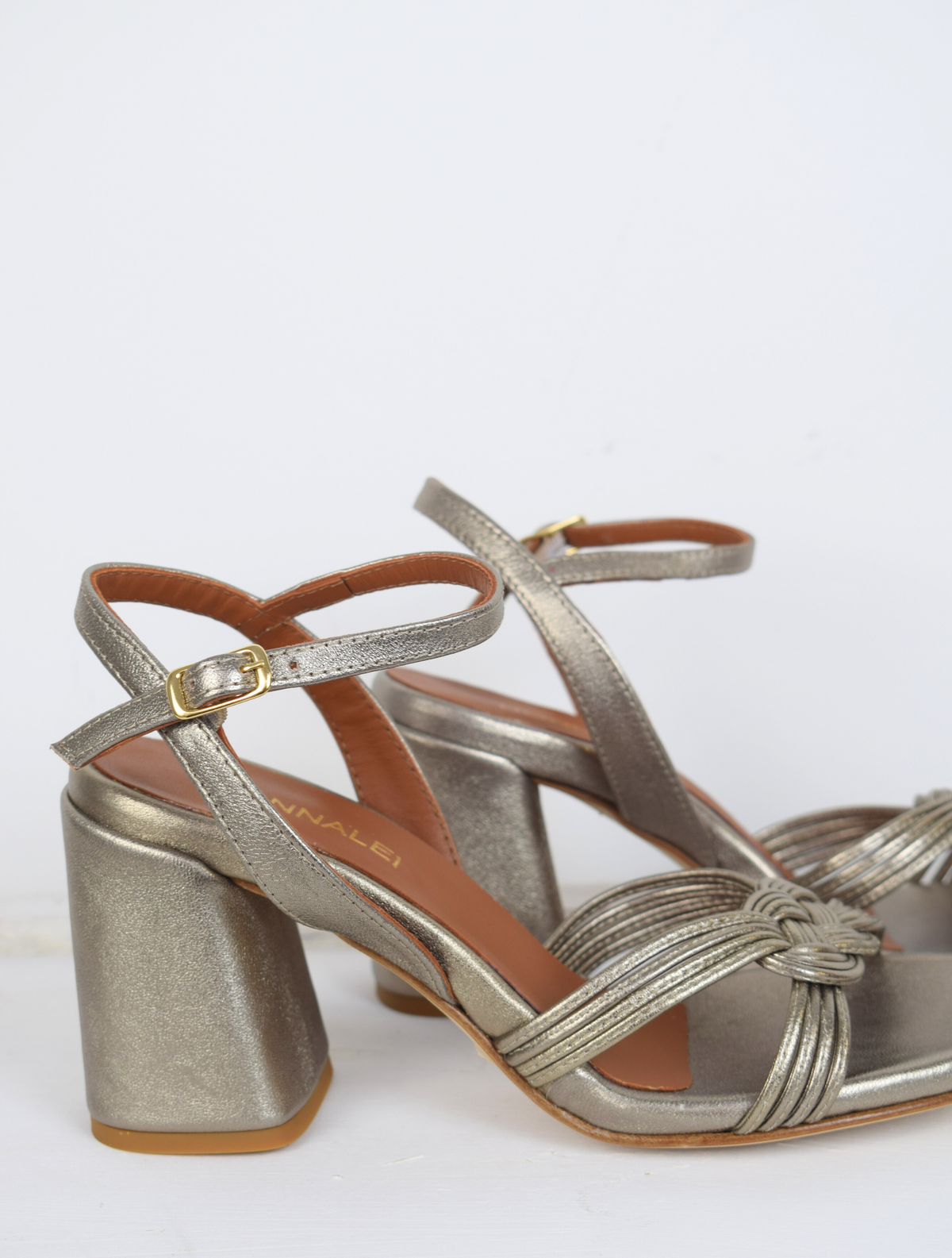 Pewter strappy sandal with block heel