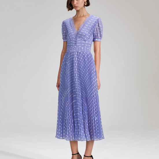 Lilac and white polka-dot V neck midi dress with pleated details throughout and short sleeves